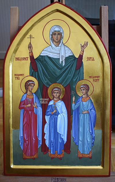 Ikon som visar helgonet Sofia och hennes döttrar Tro, Hopp och Kärlek.