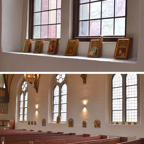 Interiörer från Fässbergs kyrka där man ser ikonerna som ställs ut.
