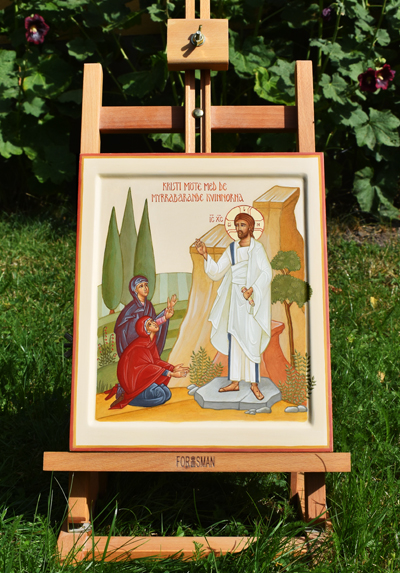 Ikon på ett ministaffli. Ikonen visar JEsu möte med de myrrabärande kvinnorna.